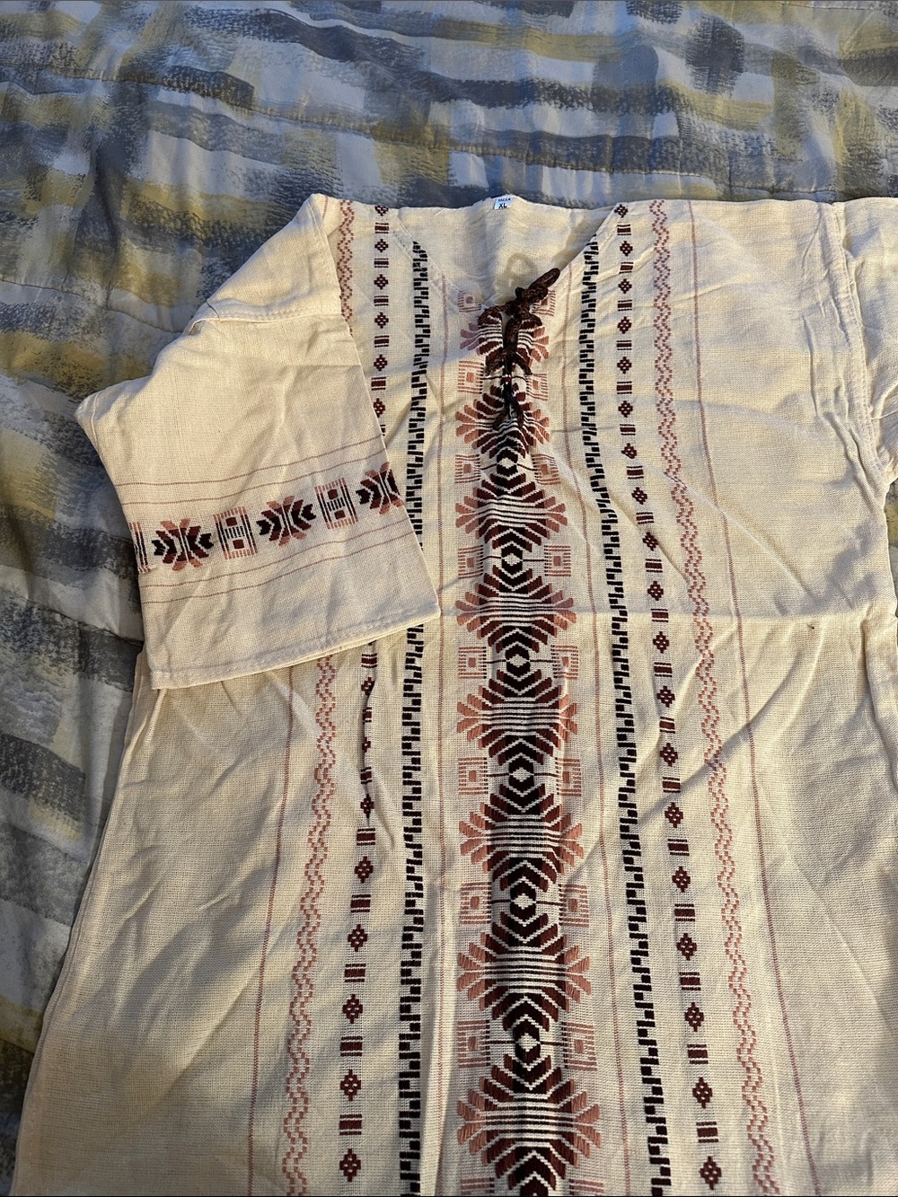MEXICANA Cream Embroidered Peasant Top with Brown and Black Accents - Picture 2 of 9